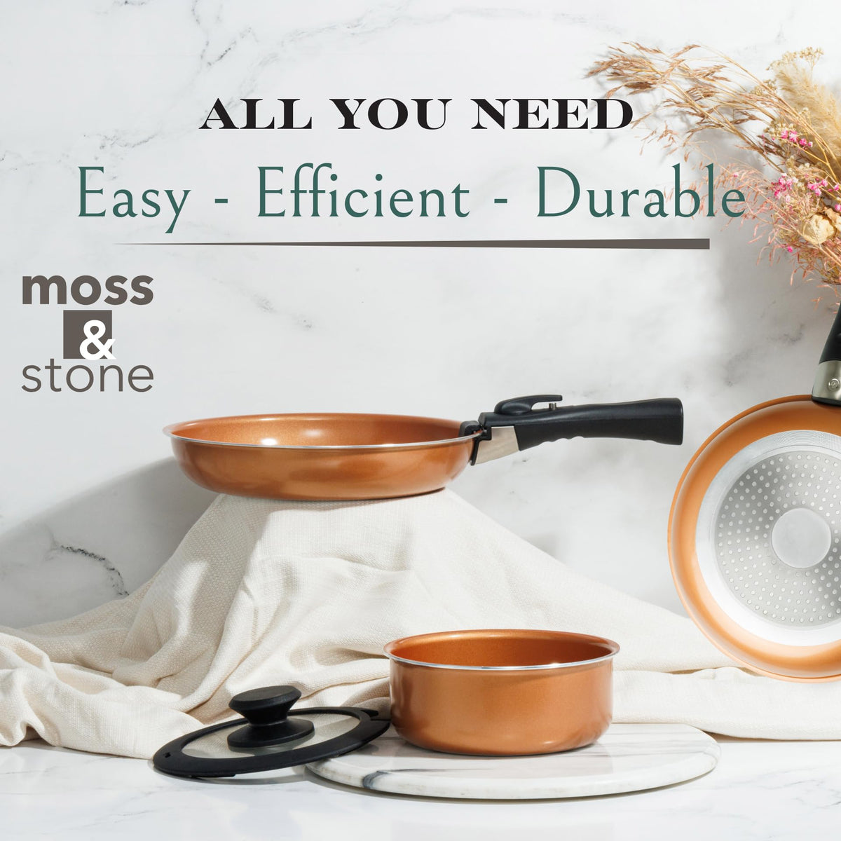 Moss & Stone oven-safe cookware with ceramic nonstick coating.