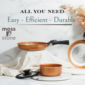 Moss & Stone oven-safe cookware with ceramic nonstick coating.