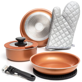 Moss & Stone copper pots and pans set with nonstick surface and removable handle for easy cooking.