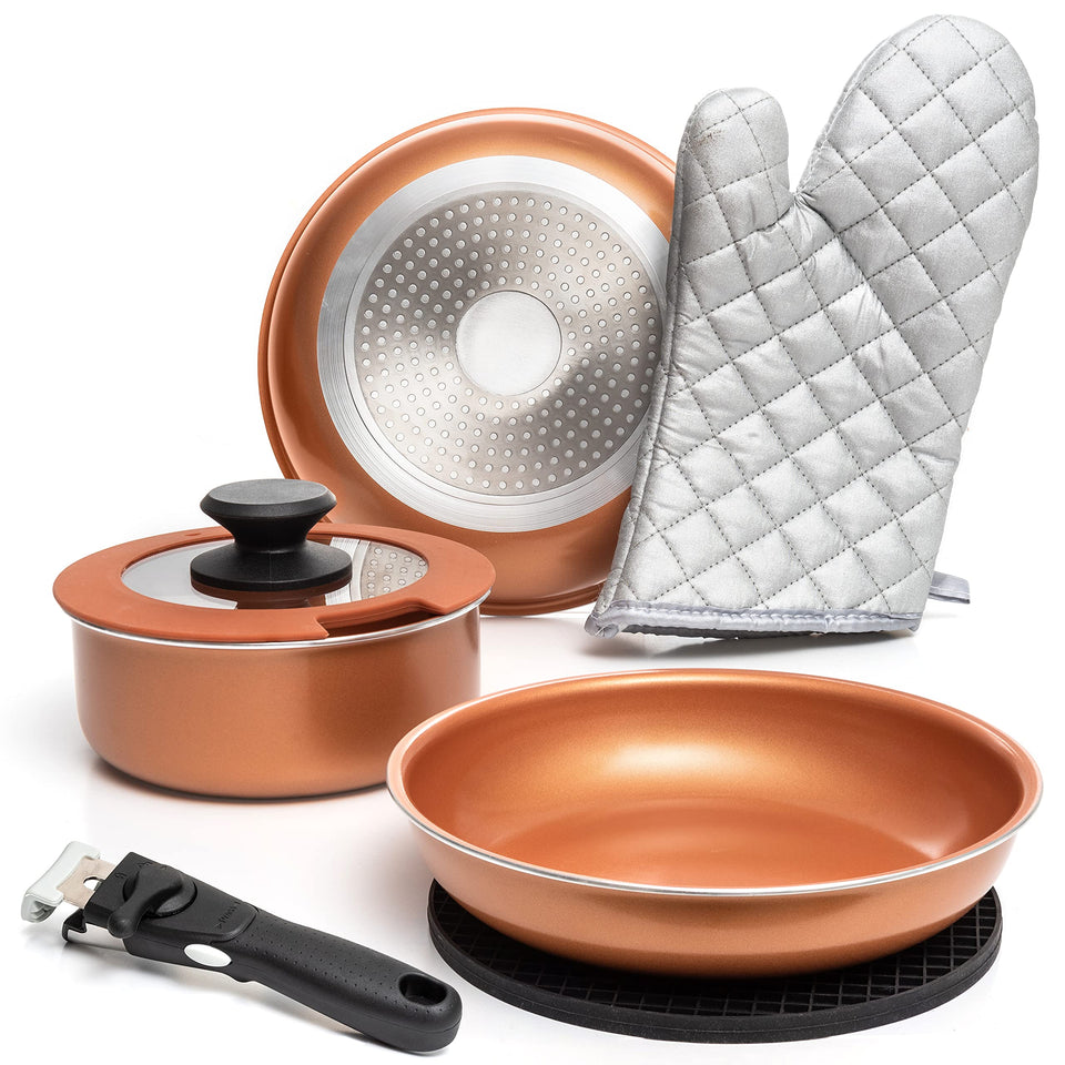 Moss & Stone copper pots and pans set with nonstick surface and removable handle for easy cooking.