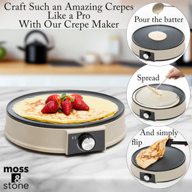 Moss and Stone precision temperature control enables consistent browning for crepes and eggs.