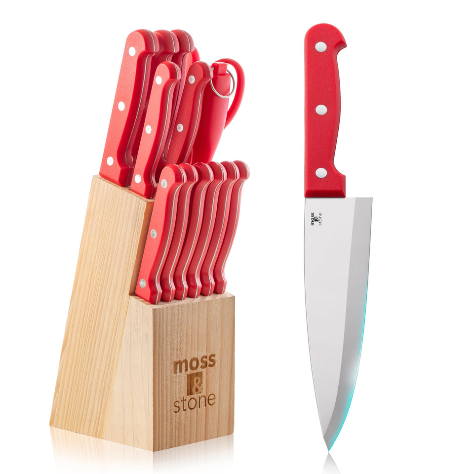 Moss & Stone 14-piece knife set in a red block for easy meal prep.