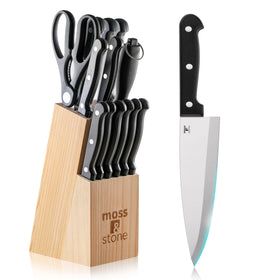Moss & Stone 14 Pcs Knife Block Set with wooden block for organized blade access
