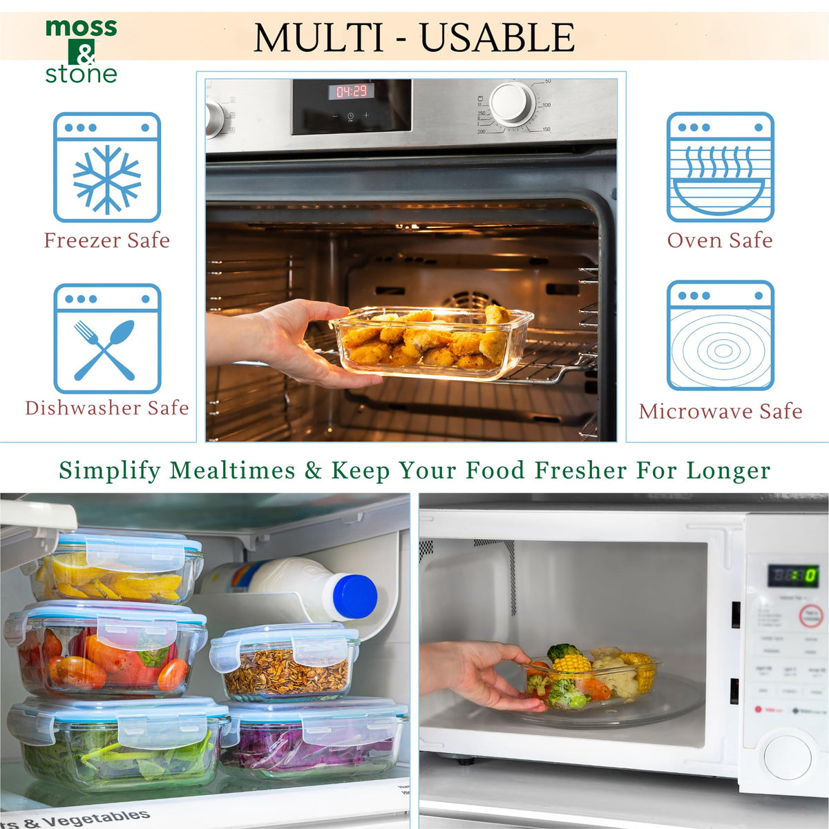 Moss & Stone 650ml borosilicate container designed for leftovers and portion control with leak-proof lid.