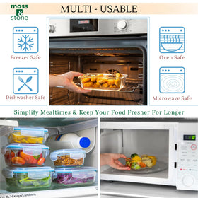 Moss & Stone 650ml borosilicate container designed for leftovers and portion control with leak-proof lid.