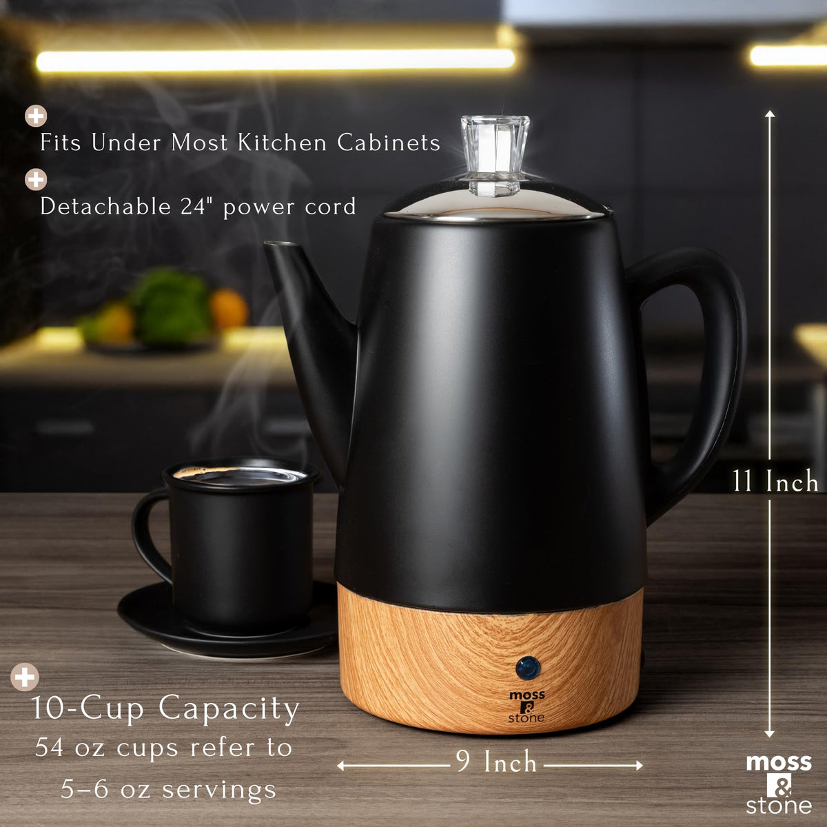 Moss & Stone compact design: fits kitchens, RVs, offices for convenient coffee rituals.