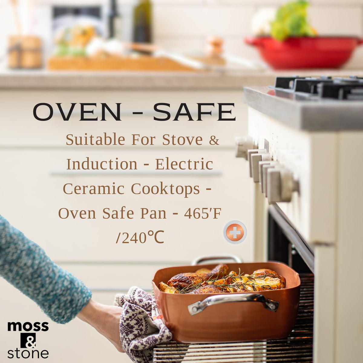 Moss & Stone ceramic-tech nonstick coating for low-oil cooking.
