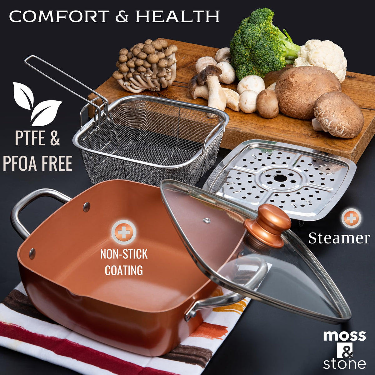 Moss & Stone dishwasher-safe coating for easy cleanup.