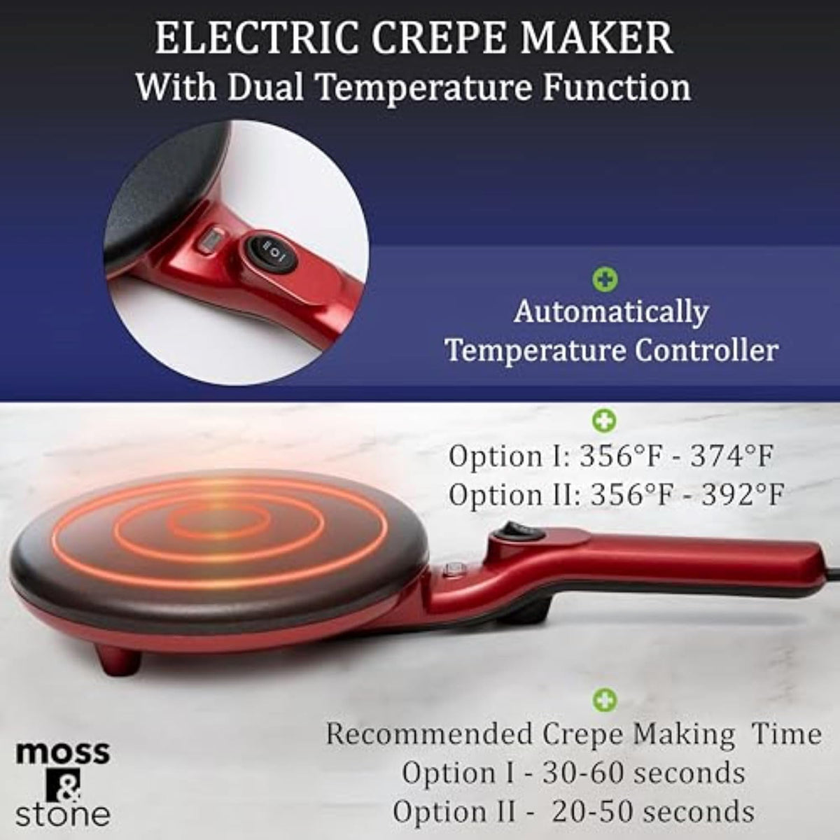 Moss and Stone crepe maker control panel shows simple on/off operation.