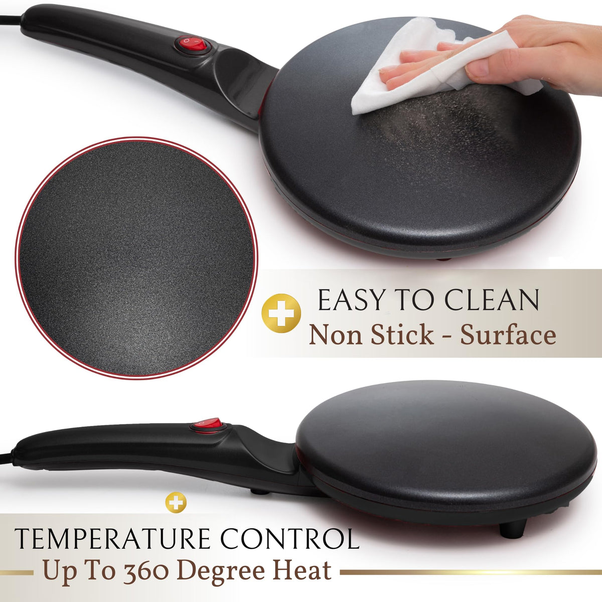 Moss & Stone crepe-maker dipping plate included for easy batter transfer