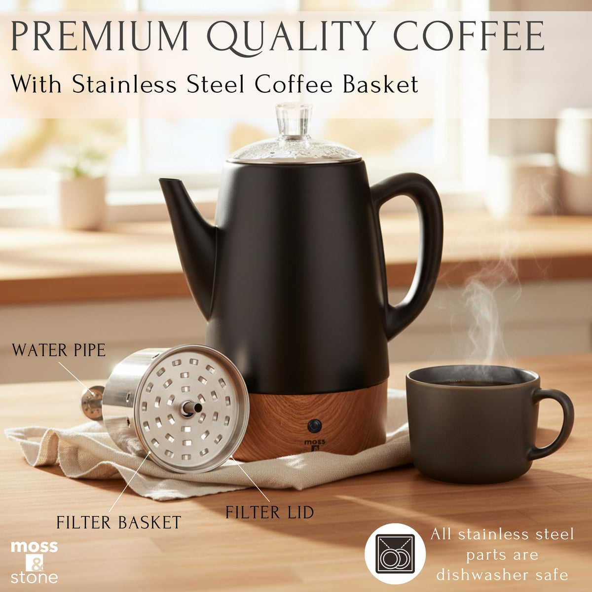 Moss & Stone detachable-filter-basket: easy cleaning and versatile coffee grounds use.