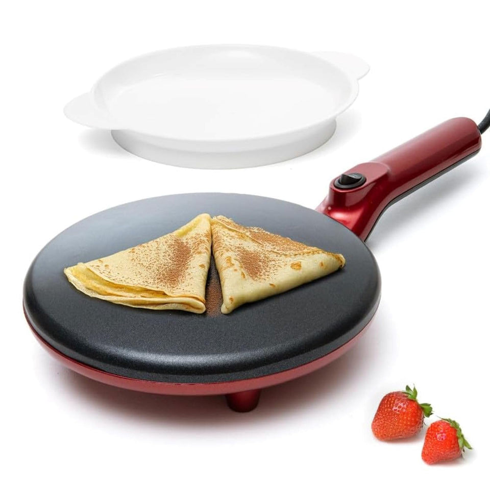 Moss and Stone electric crepe maker 8-inch surface heats quickly for thin-batter crepes.