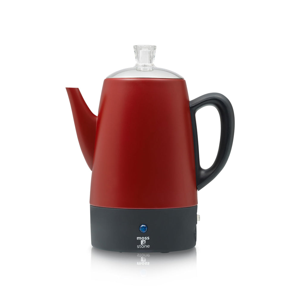 Moss & Stone electric percolator red body front view for bold, hot coffee brewing