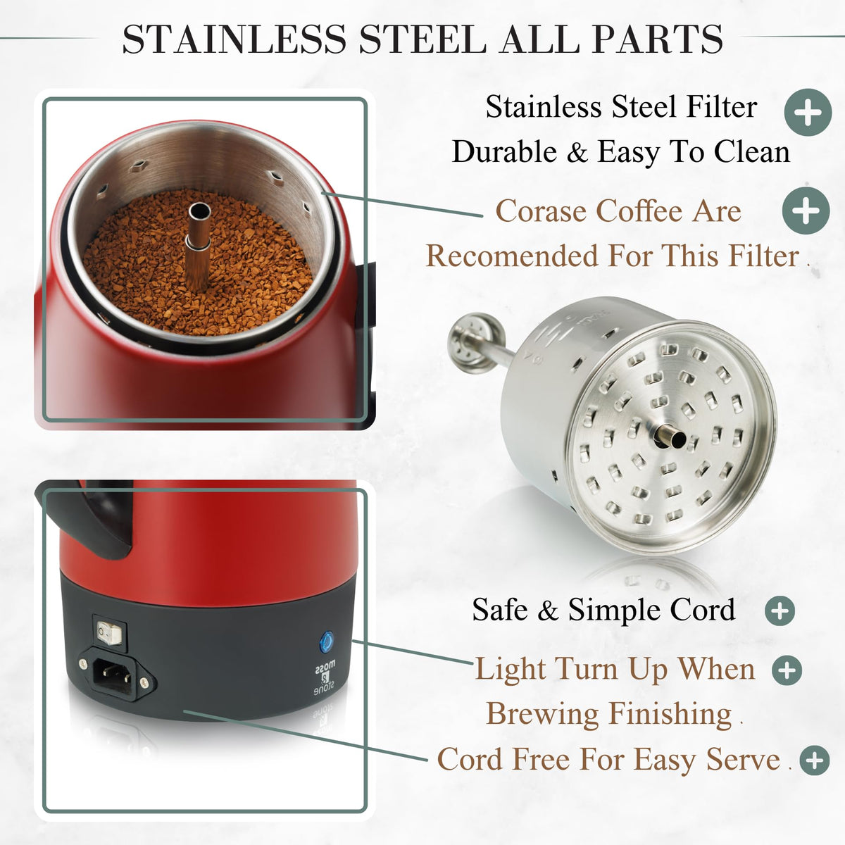 Moss & Stone electric percolator stainless steel lid detail showing durable design