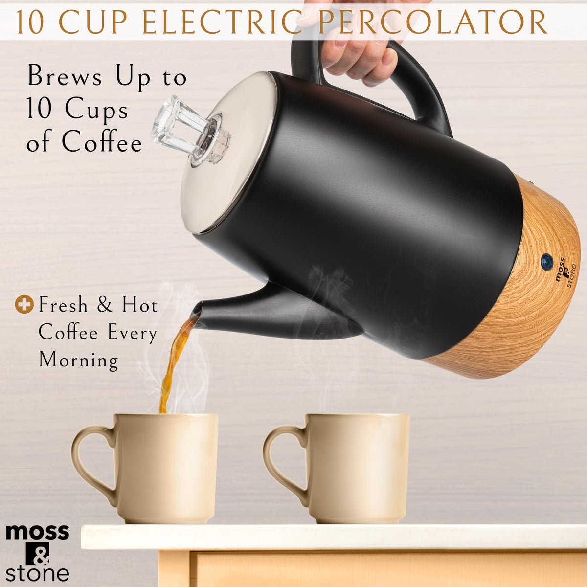 Moss & Stone electric percolator top view: clear lid reveals active percolation for fresh aroma.