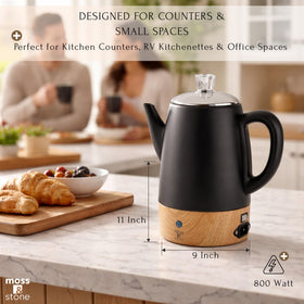 Moss & Stone keep-warm function: maintains serving temperature between pours.