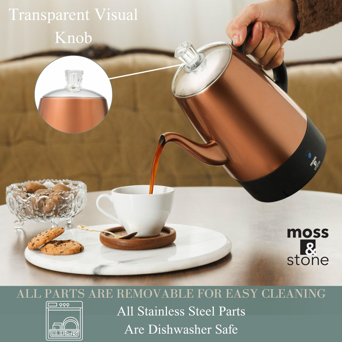 Moss & Stone keep-warm percolator maintains heat after brewing