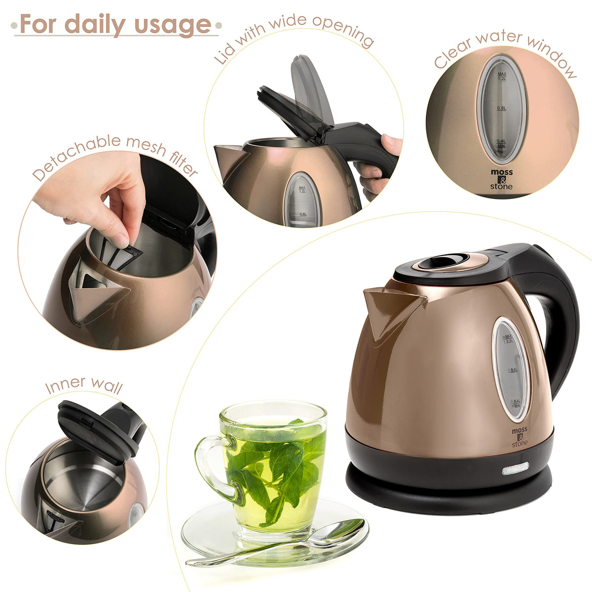 Moss & Stone cordless kettle on a 360° base for flexible pouring.