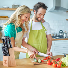 Included kitchen scissors and knife sharpener for easy maintenance