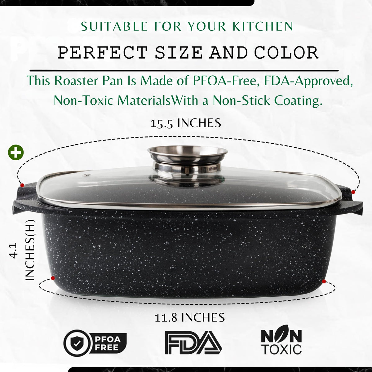 Moss & Stone die-cast aluminum roaster highlights durable, even cooking.