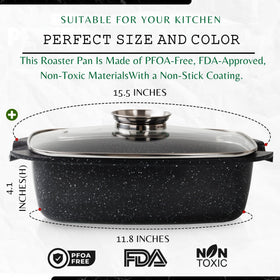 Moss & Stone die-cast aluminum roaster highlights durable, even cooking.