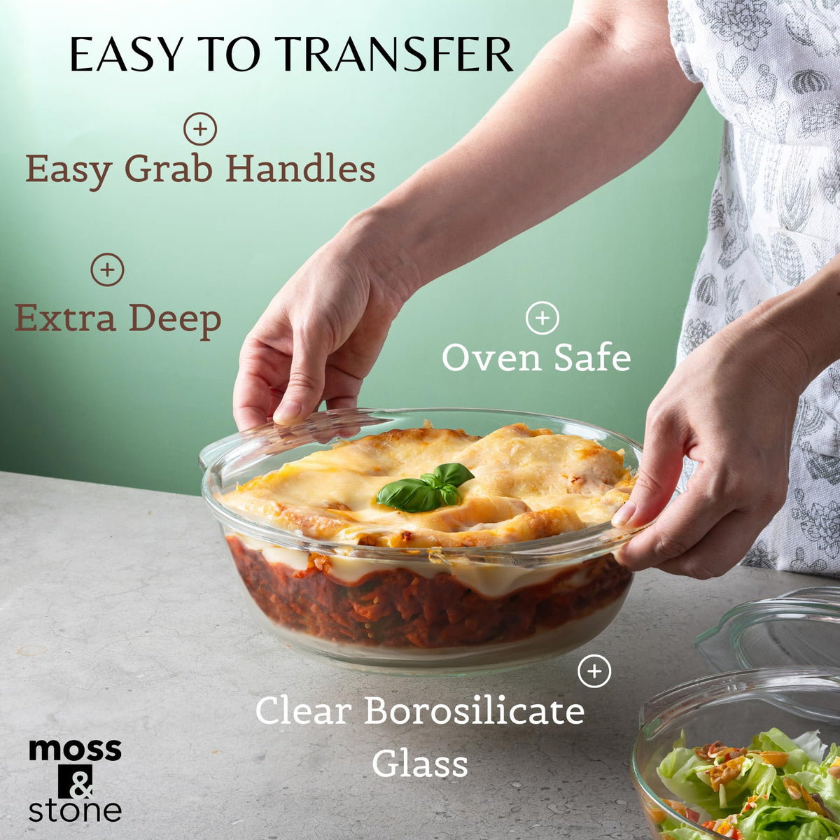 Moss & Stone oven-safe borosilicate bakeware for trusted high-heat cooking.