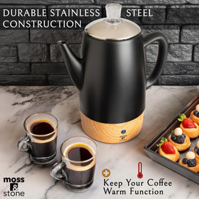 Moss & Stone percolator brew action: quick 7–8 minute cycles deliver hot, bold coffee.