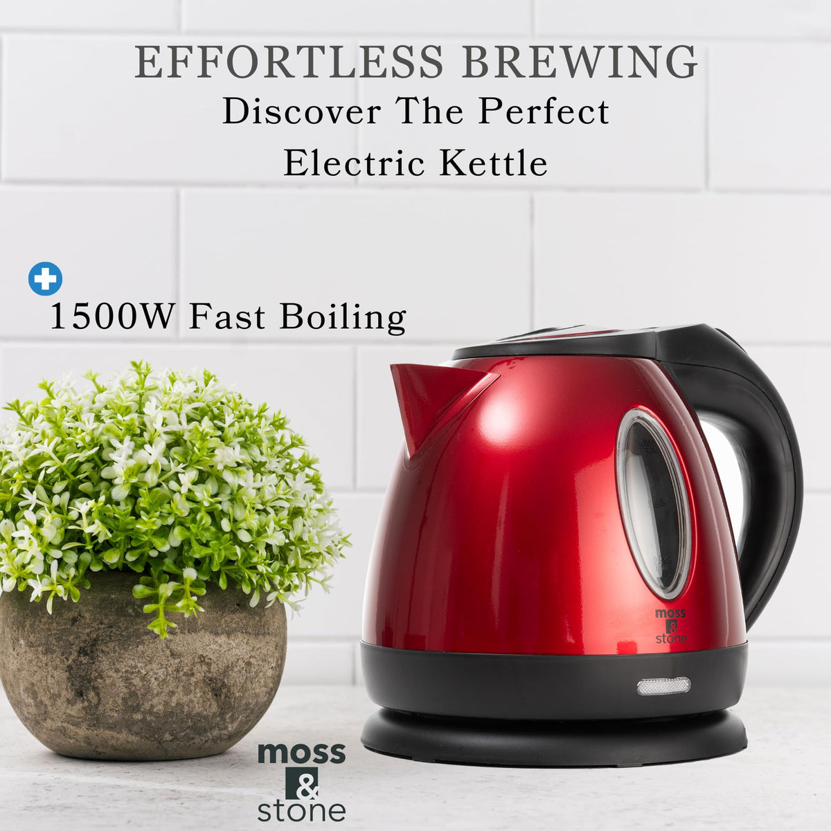 Moss & Stone red cordless kettle on a 360-degree base for versatile pouring
