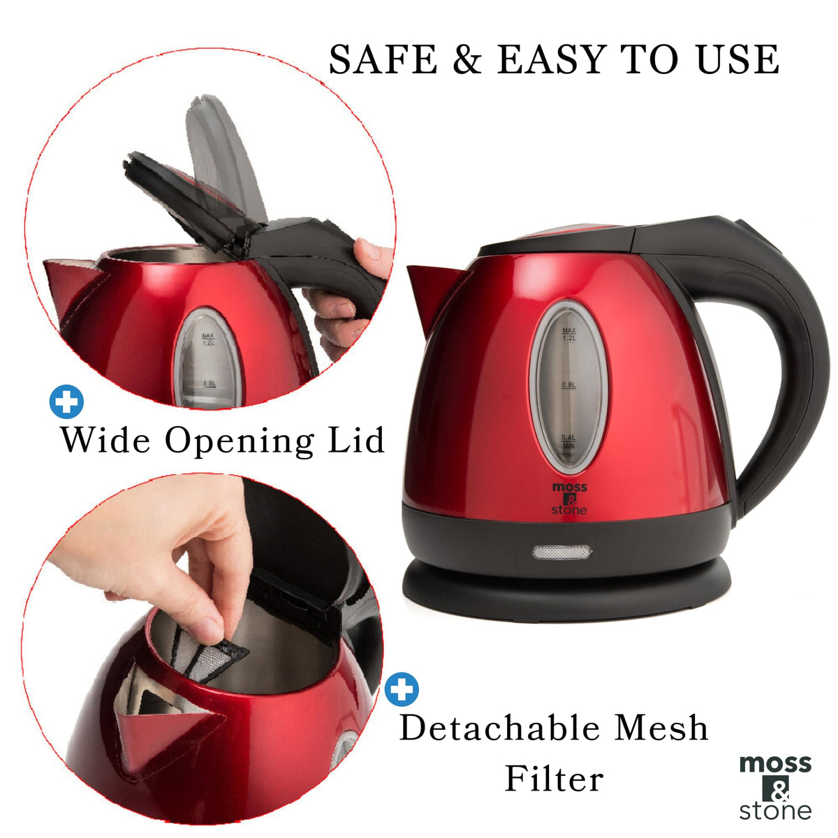 Moss & Stone red kettle with removable filter for easy cleaning