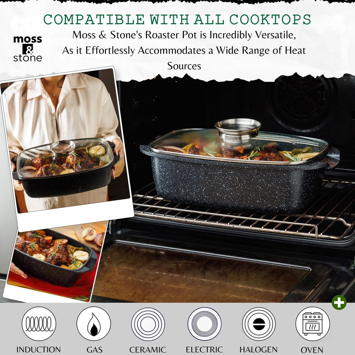 Moss & Stone roaster on stove demonstrates induction-compatible design for versatile cooking.