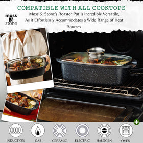 Moss & Stone roaster on stove demonstrates induction-compatible design for versatile cooking.