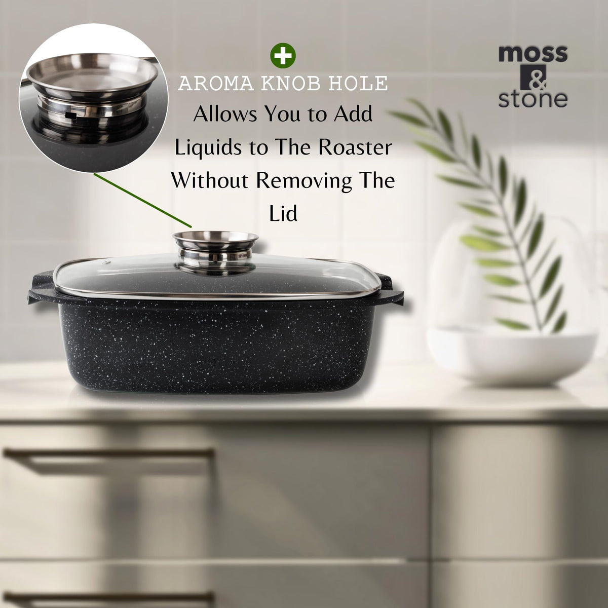 Moss & Stone roaster shown with vegetables and chicken for roasting versatility.