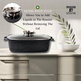 Moss & Stone roaster shown with vegetables and chicken for roasting versatility.