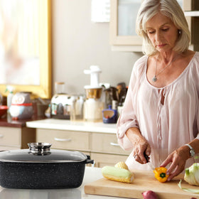 Moss & Stone oven-safe roaster adaptable to broiling, baking, and roasting tasks.