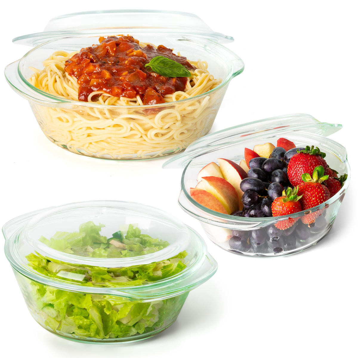 Moss & Stone six-piece clear glass casserole set with lids for oven-to-table versatility.
