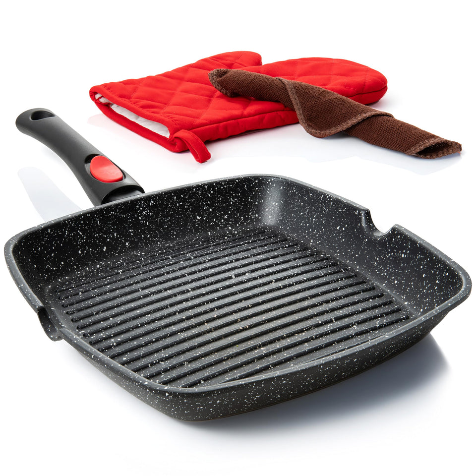 Moss & Stone 11-inch square grill pan with removable handle for versatile indoor grilling.
