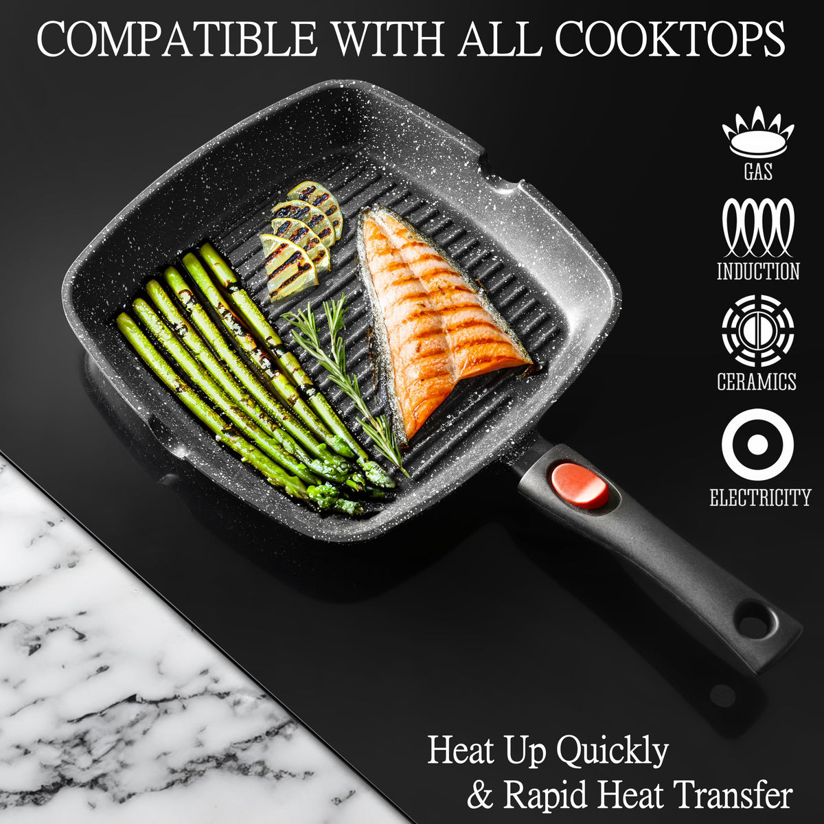 Moss & Stone even-heat base ensures consistent searing across meats and veggies.