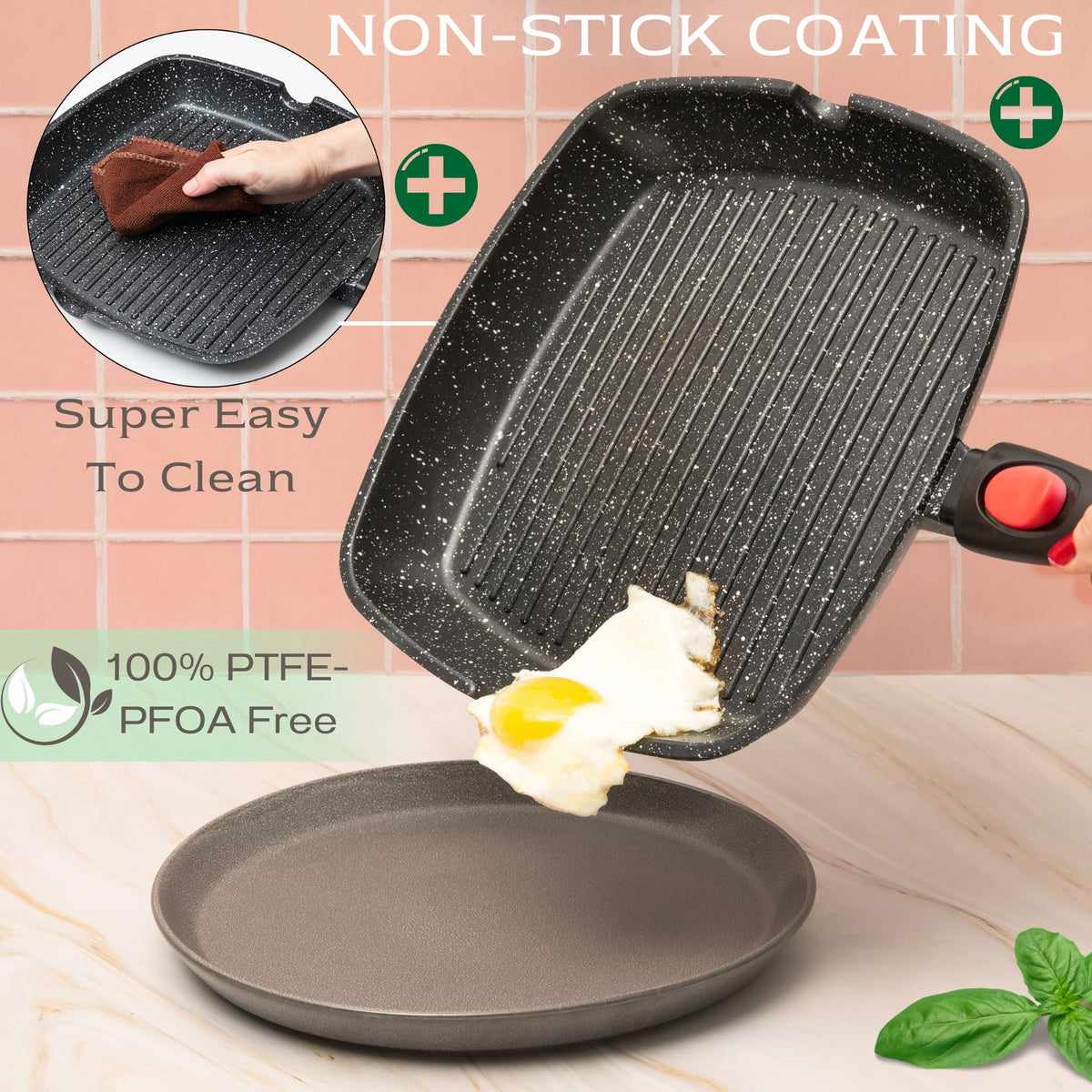 Moss & Stone nonstick coating promotes easy food release and quick cleanup.