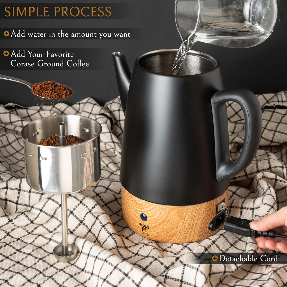Moss & Stone stainless-steel body: durable construction for everyday brewing with BPA-free design.