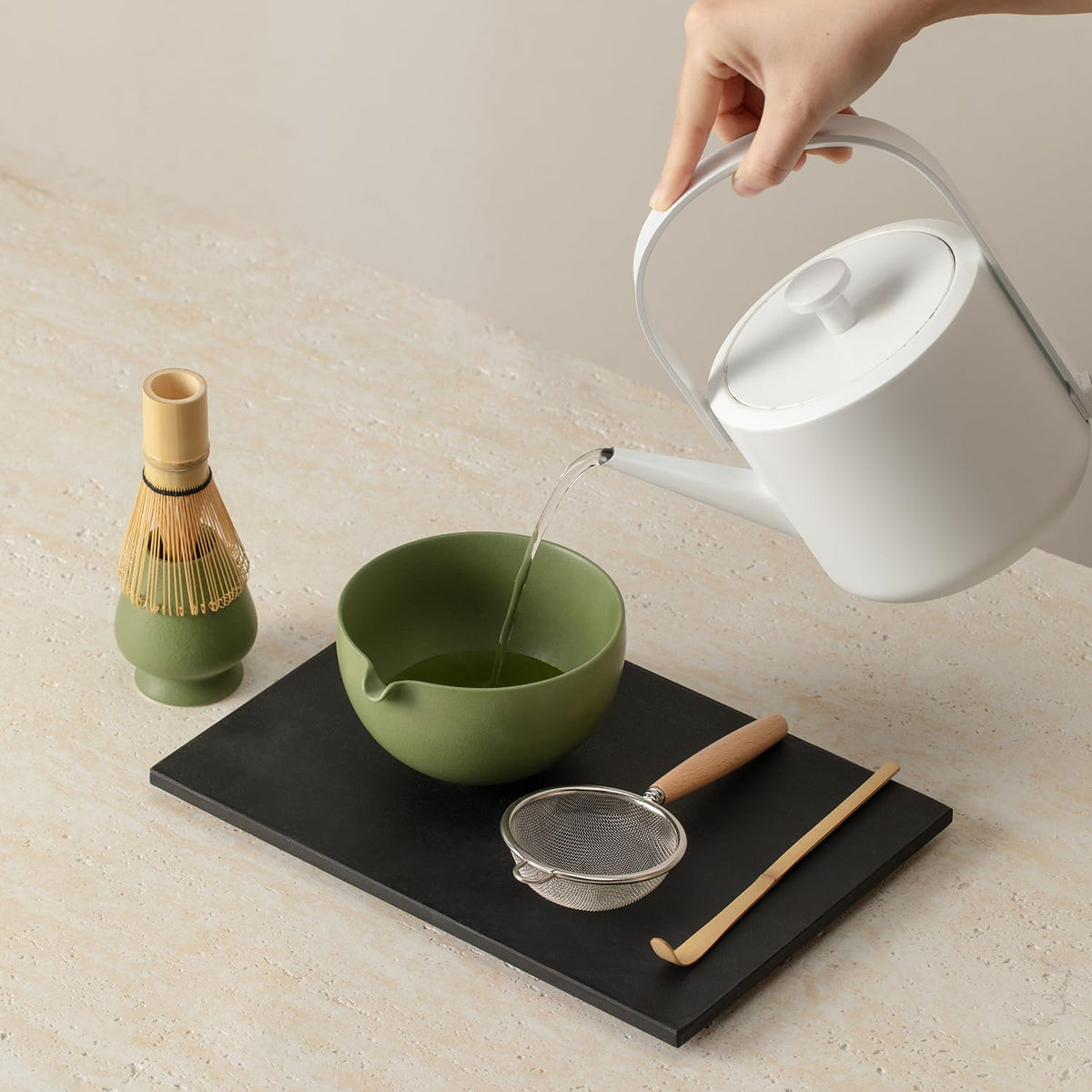 Mossen matcha sifter ensures fine, clump-free powder for whisking.