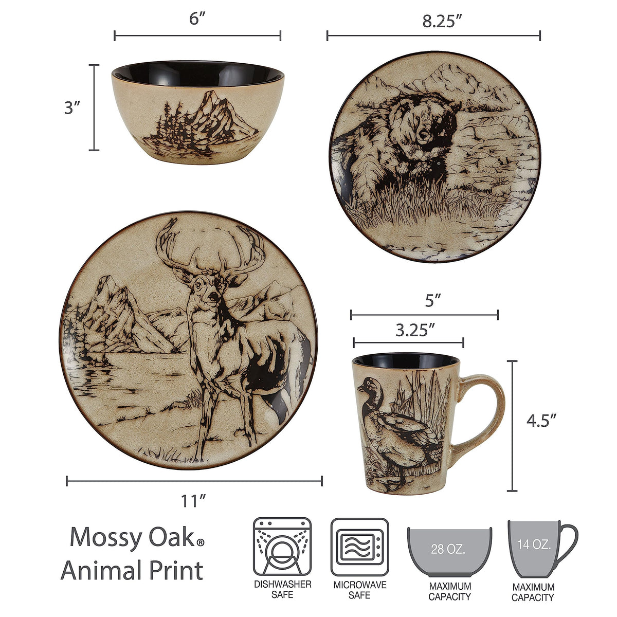 Mossy Oak moose sketch salad plate with warm beige glaze; outdoorsy flair for meals.