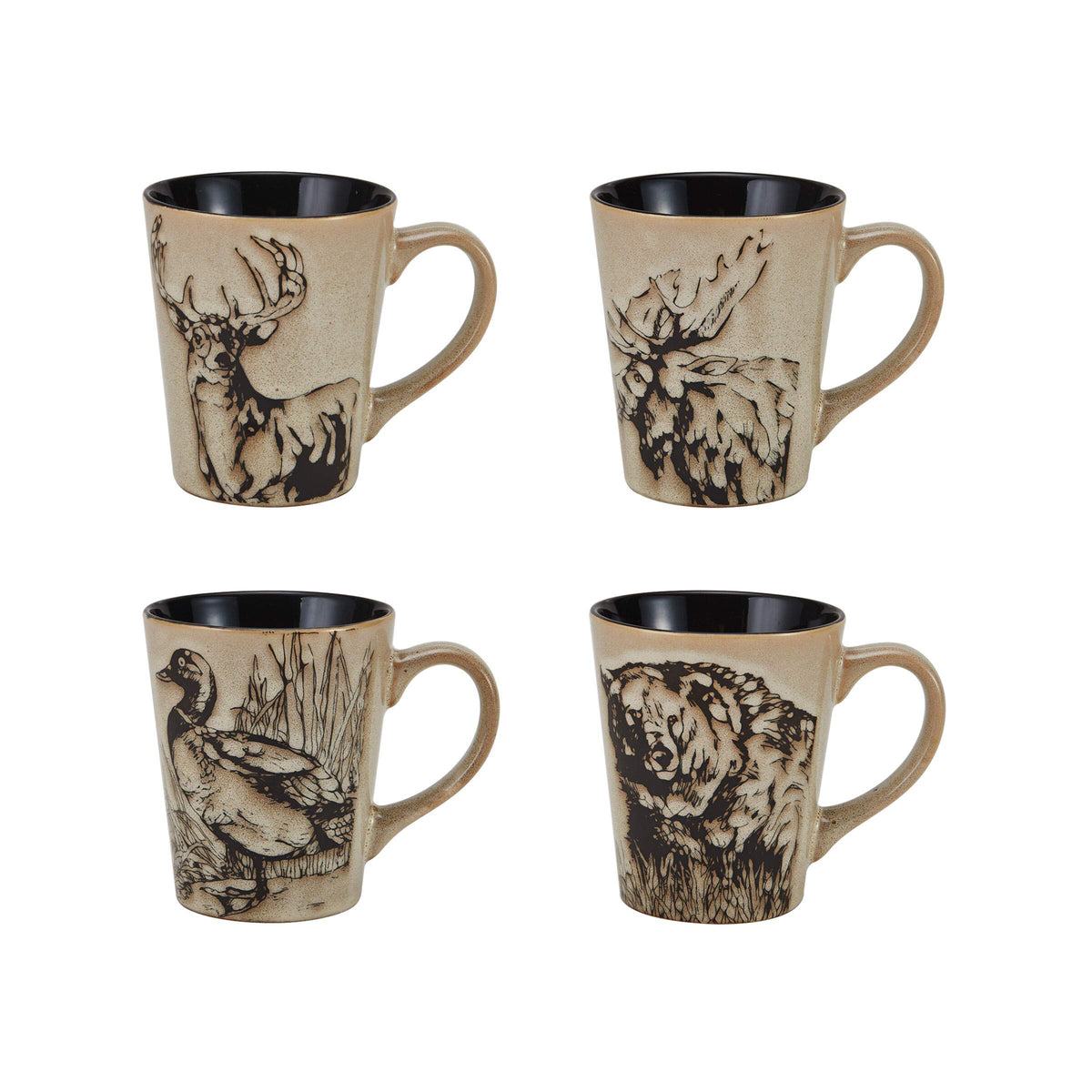 Mossy Oak dinnerware service for four image; 16-piece set includes plates, bowls, and mugs, perfect for family meals.