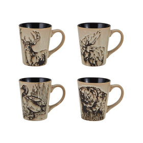Mossy Oak dinnerware service for four image; 16-piece set includes plates, bowls, and mugs, perfect for family meals.