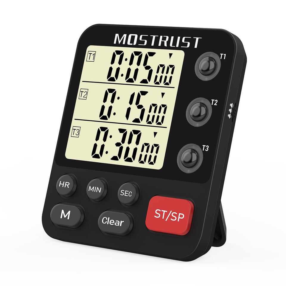 MOSTRUST digital dual timer display for quick, readable multi-event tracking.