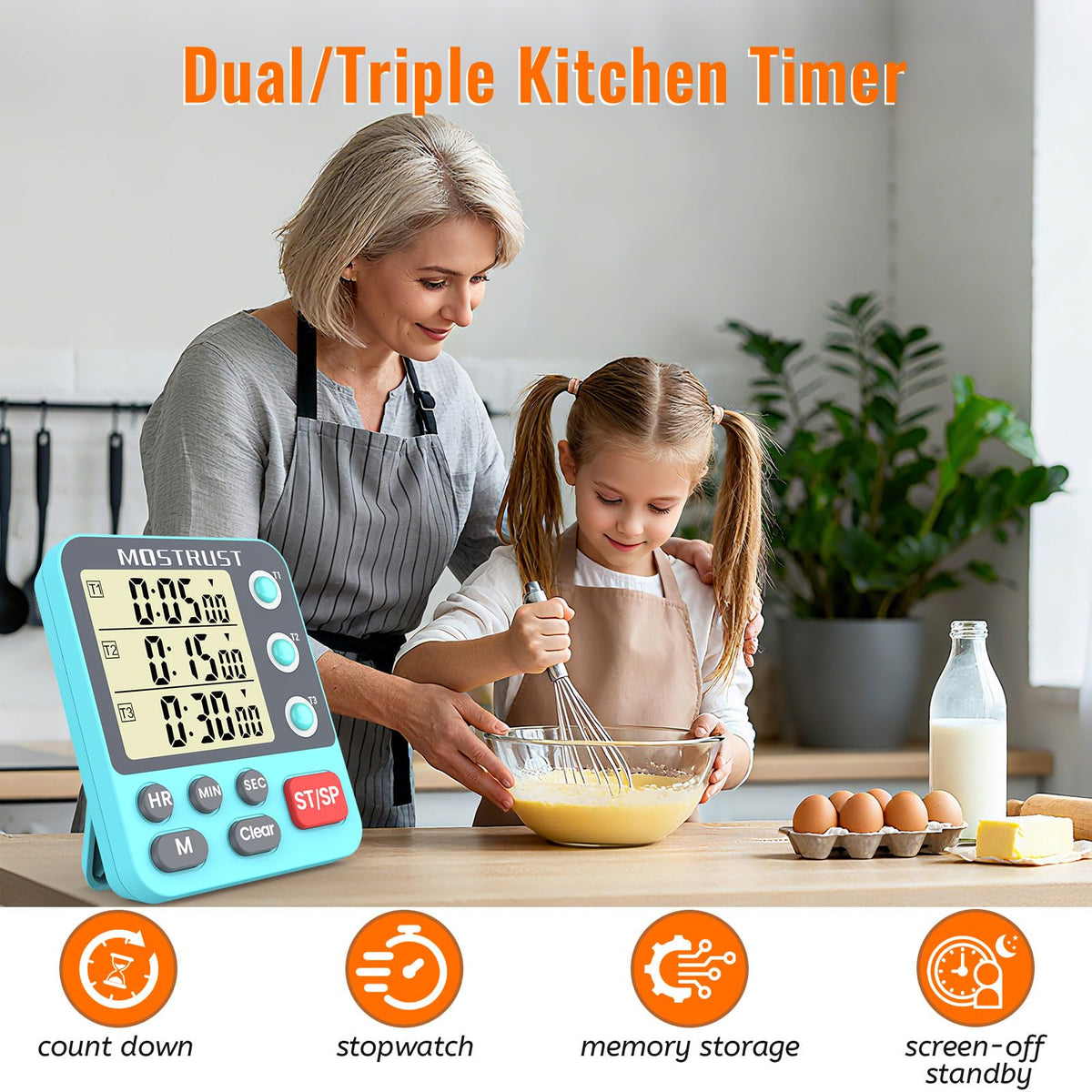 MOSTRUST Digital Dual Timer magnetic back on a fridge.