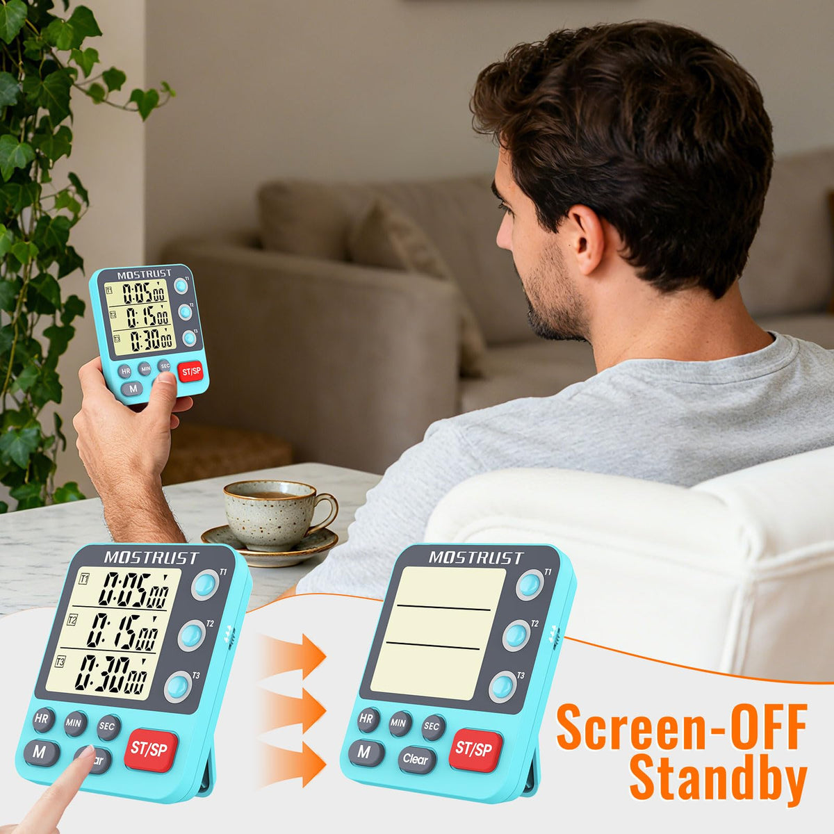 MOSTRUST Digital Dual Timer with stand and hanging option for placement.