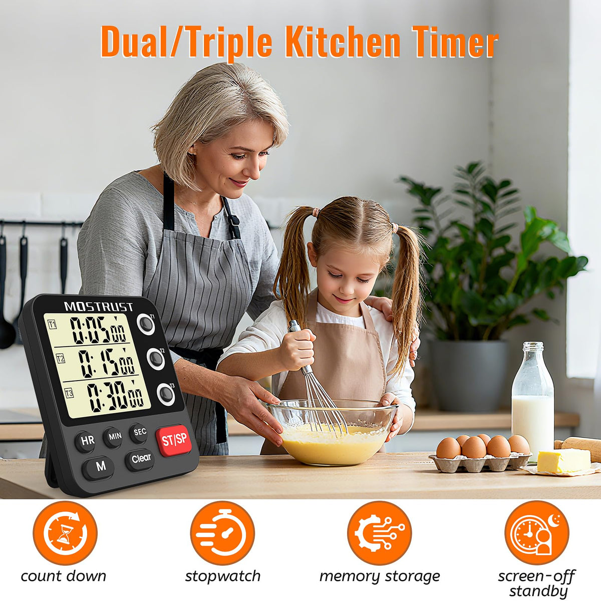 MOSTRUST kitchen timer magnetic back stays secure on the fridge.