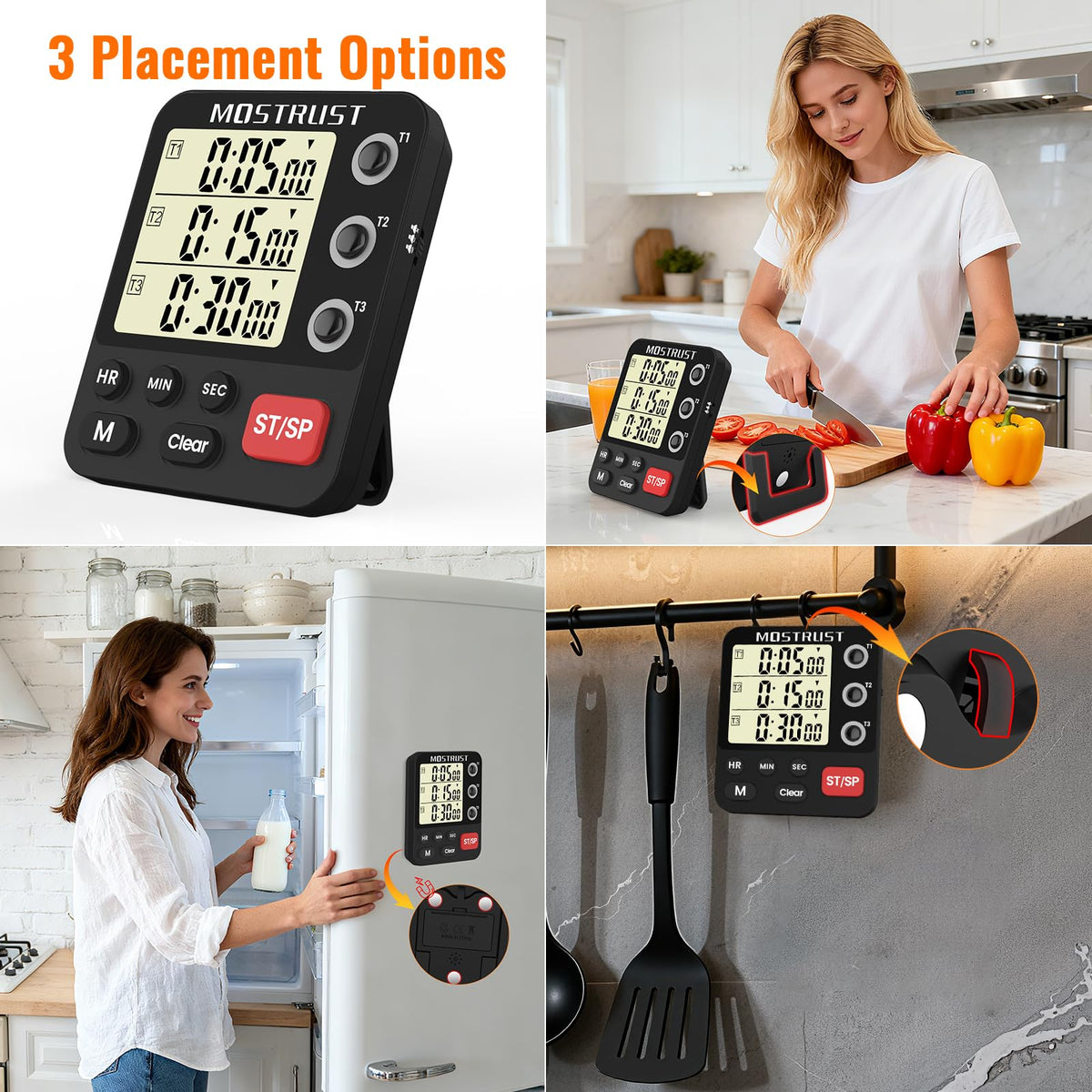 MOSTRUST timer with adjustable volume ensures clear cooking alerts.