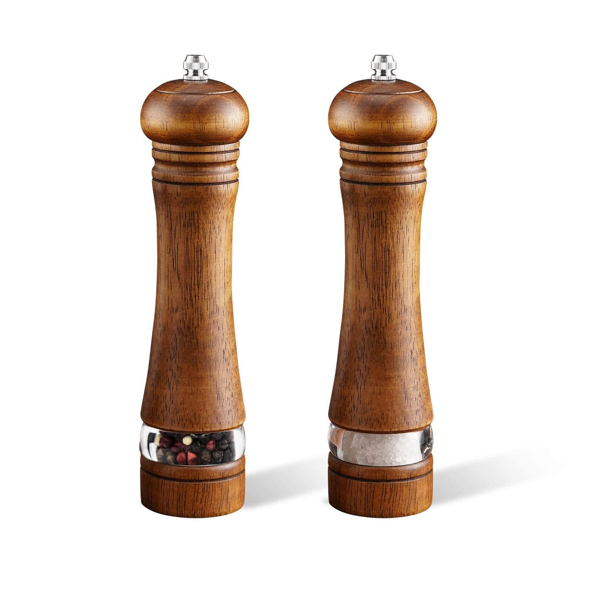 Mosuniro 8-inch wooden salt and pepper grinders set for convenient kitchen seasoning.