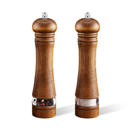 Mosuniro 8-inch wooden salt and pepper grinders set for convenient kitchen seasoning.